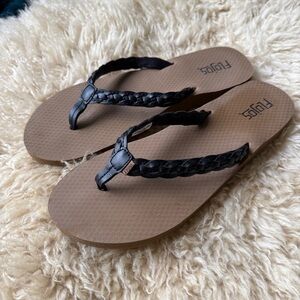 Flojos Women's Sandals with Black Braided Strap and Tan Sole